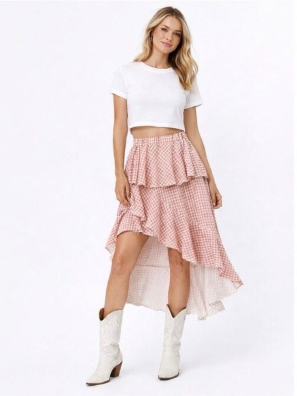 Anthropologie Pink Gingham High-Low Ruffle Skirt